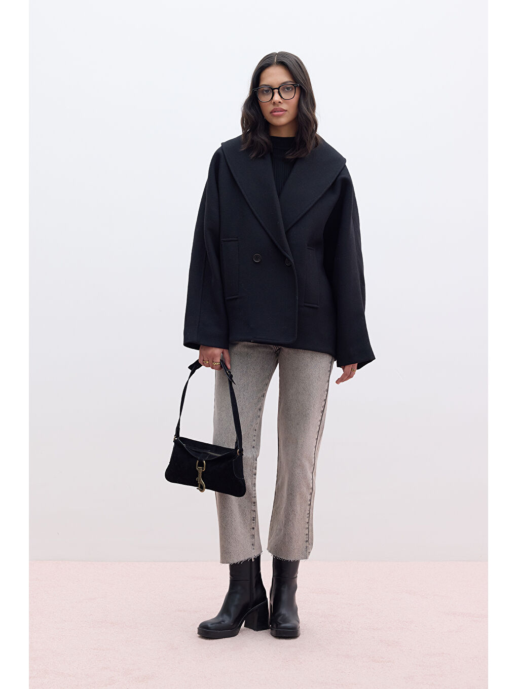 İtalyan Kaşe Kruvaze Kaban Siyah