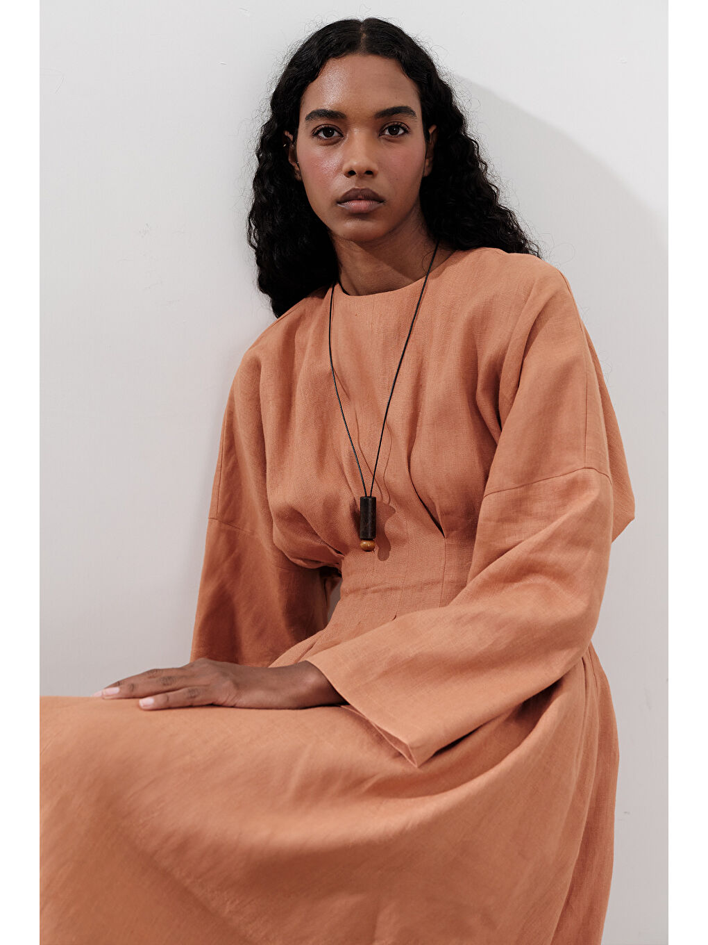 Keten Pile Detaylı Elbise Turuncu-6