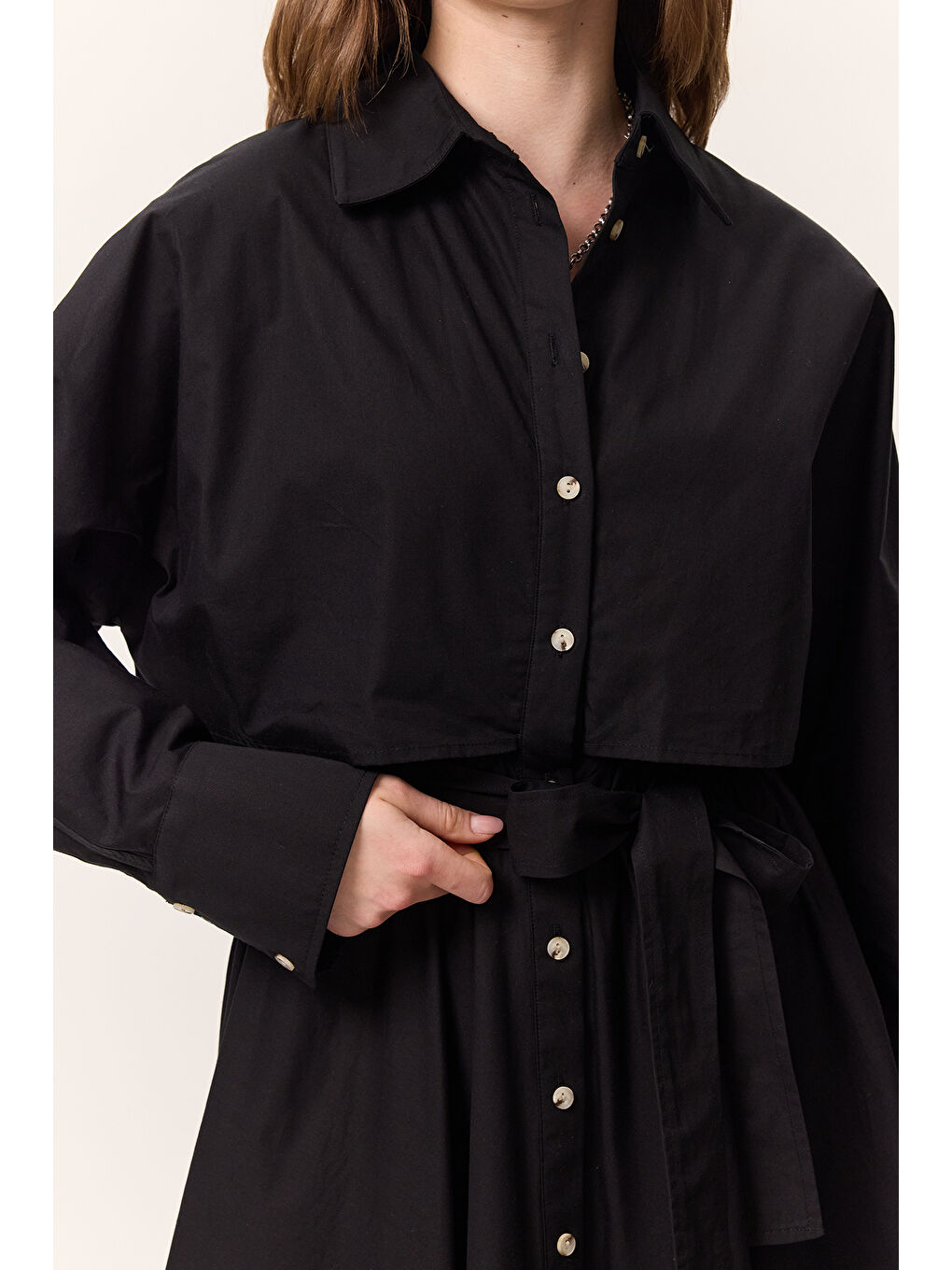 Trenç Tarz Gömlek Elbise Siyah-4