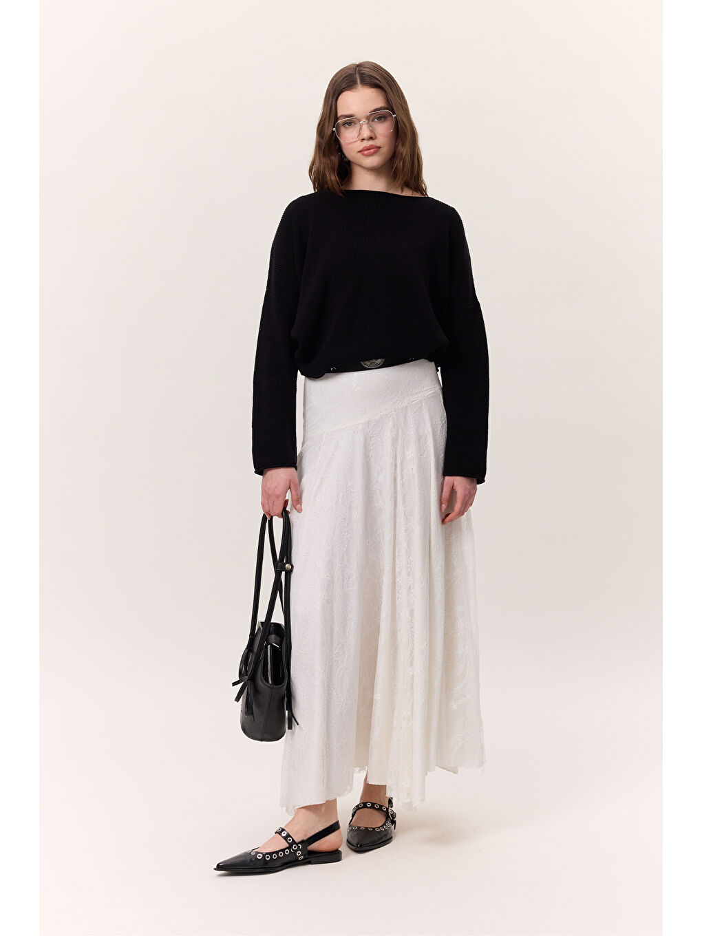 Dantelli Geniş Etek Ekru-3