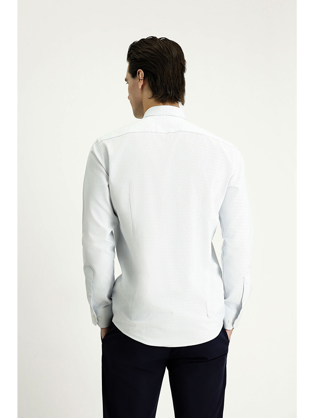 Mavi Uzun Kol Slim Fit Dar Kesim Desenli Pamuklu Kolay Ütülenebilir Düğmeli Yaka Gömlek-4