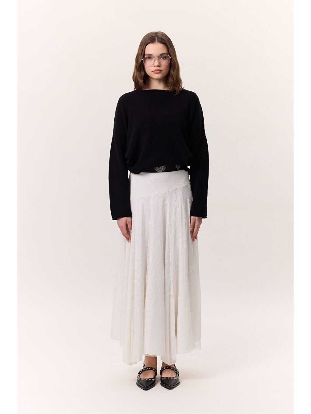 Dantelli Geniş Etek Ekru-4