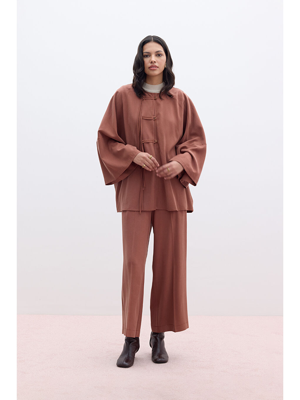 Turuncu Lyocell Geniş Paça Pantolon Bakır-1