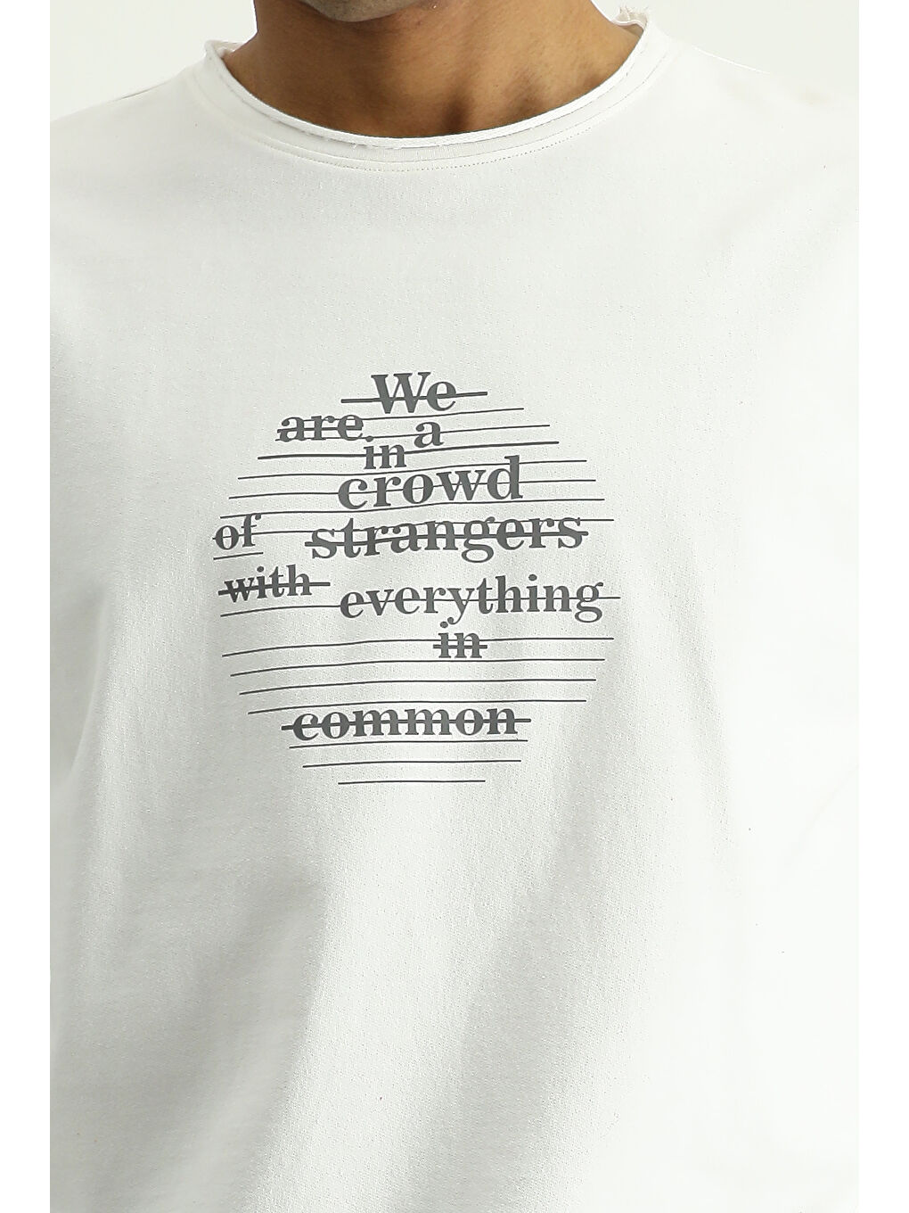 Ekru Bisiklet Yaka Oversize Baskılı Pamuk Tişört-5