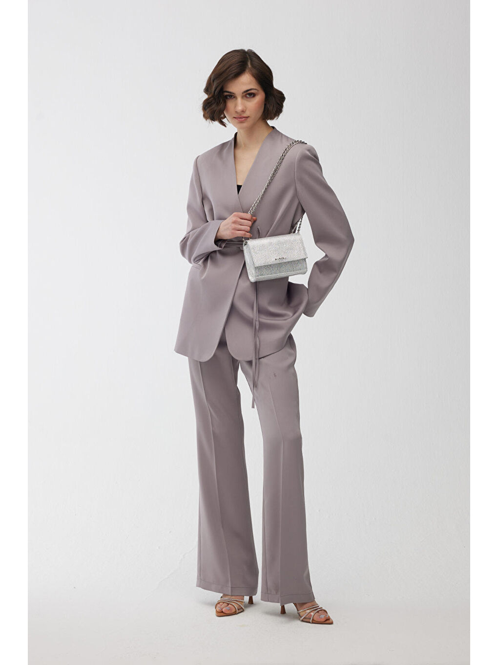 Saten İspanyol Paça Pantolon Gri-2