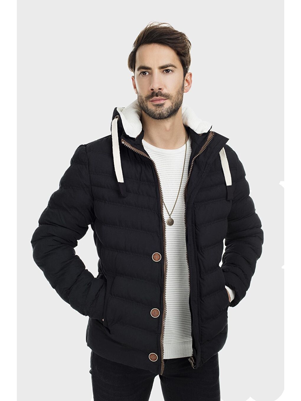 Siyah Slim Fit Kapüşonlu Dik Yaka Şişme Mont 55618K5071-2