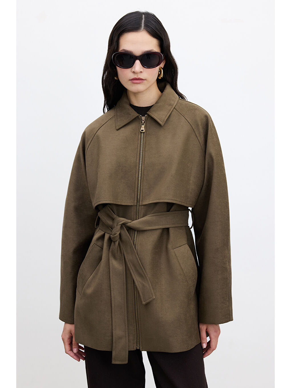 Süet Trench Tarz Ceket Haki-2