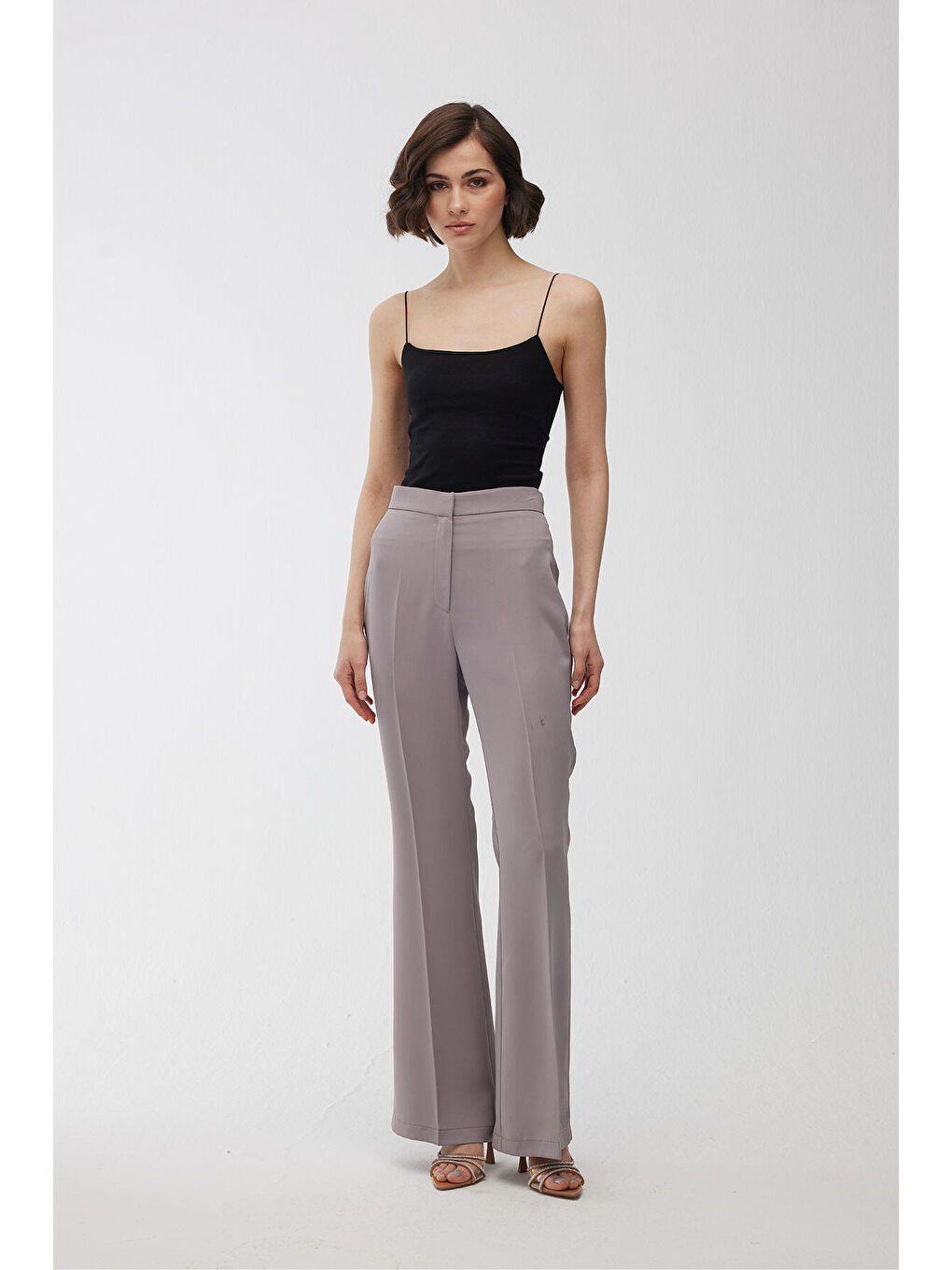 Saten İspanyol Paça Pantolon Gri-4