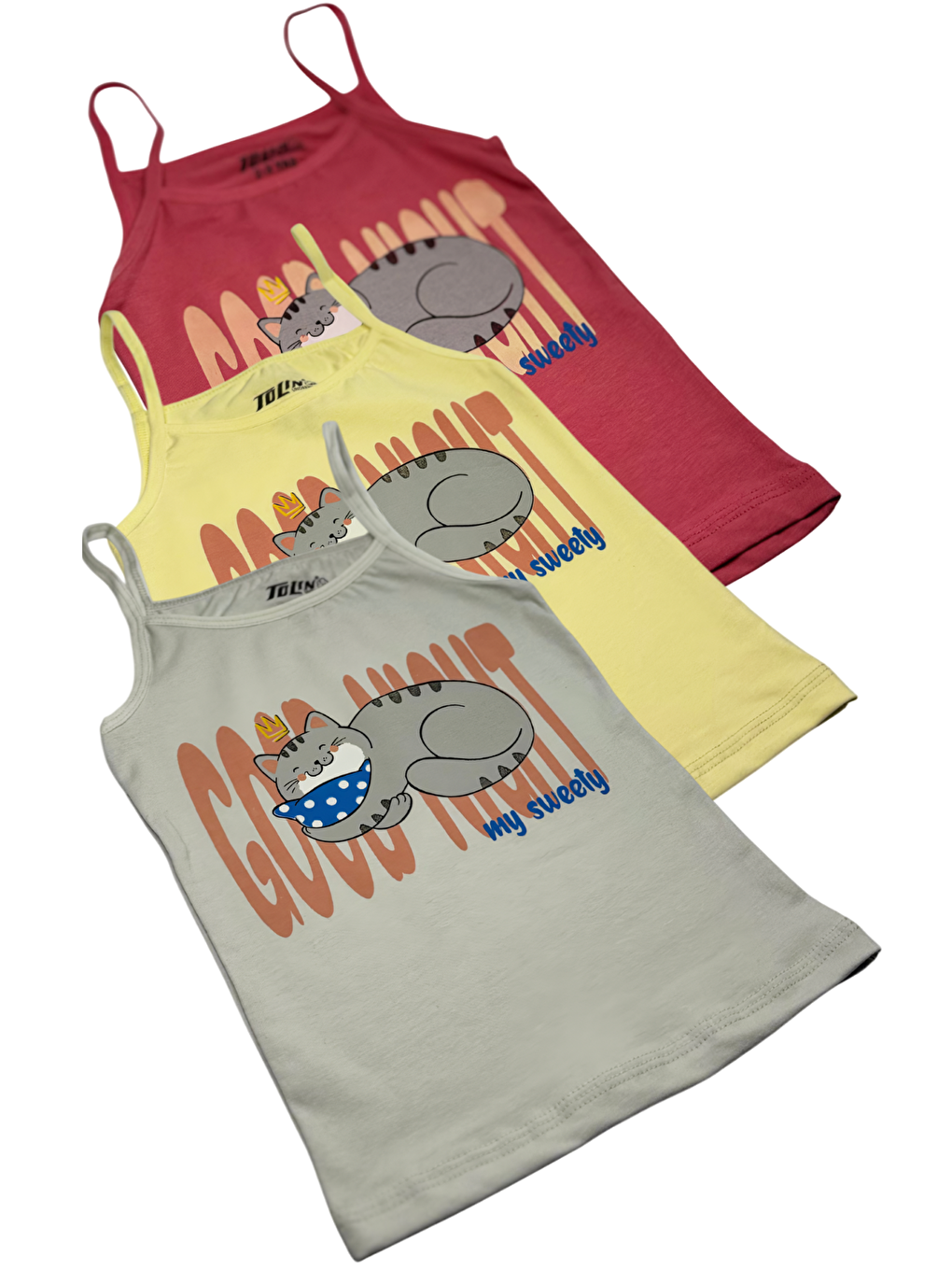 Sarı Kız Çocuk 3 lü Paket İnce Askılı Pamuklu Elastanlı Baskılı Atlet 1425