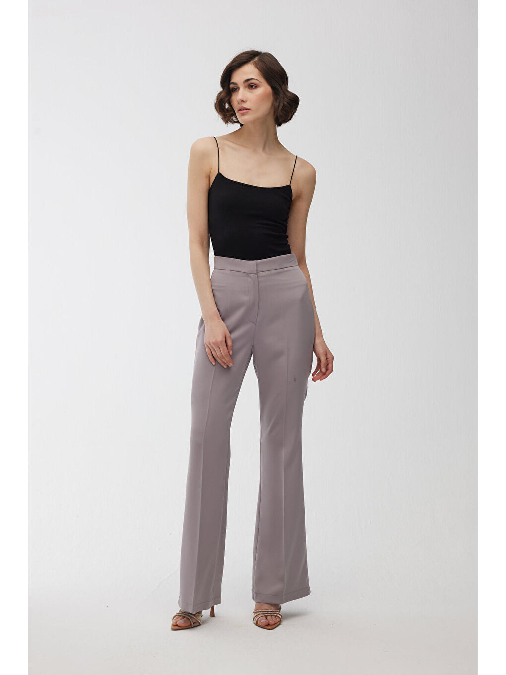 Saten İspanyol Paça Pantolon Gri-5