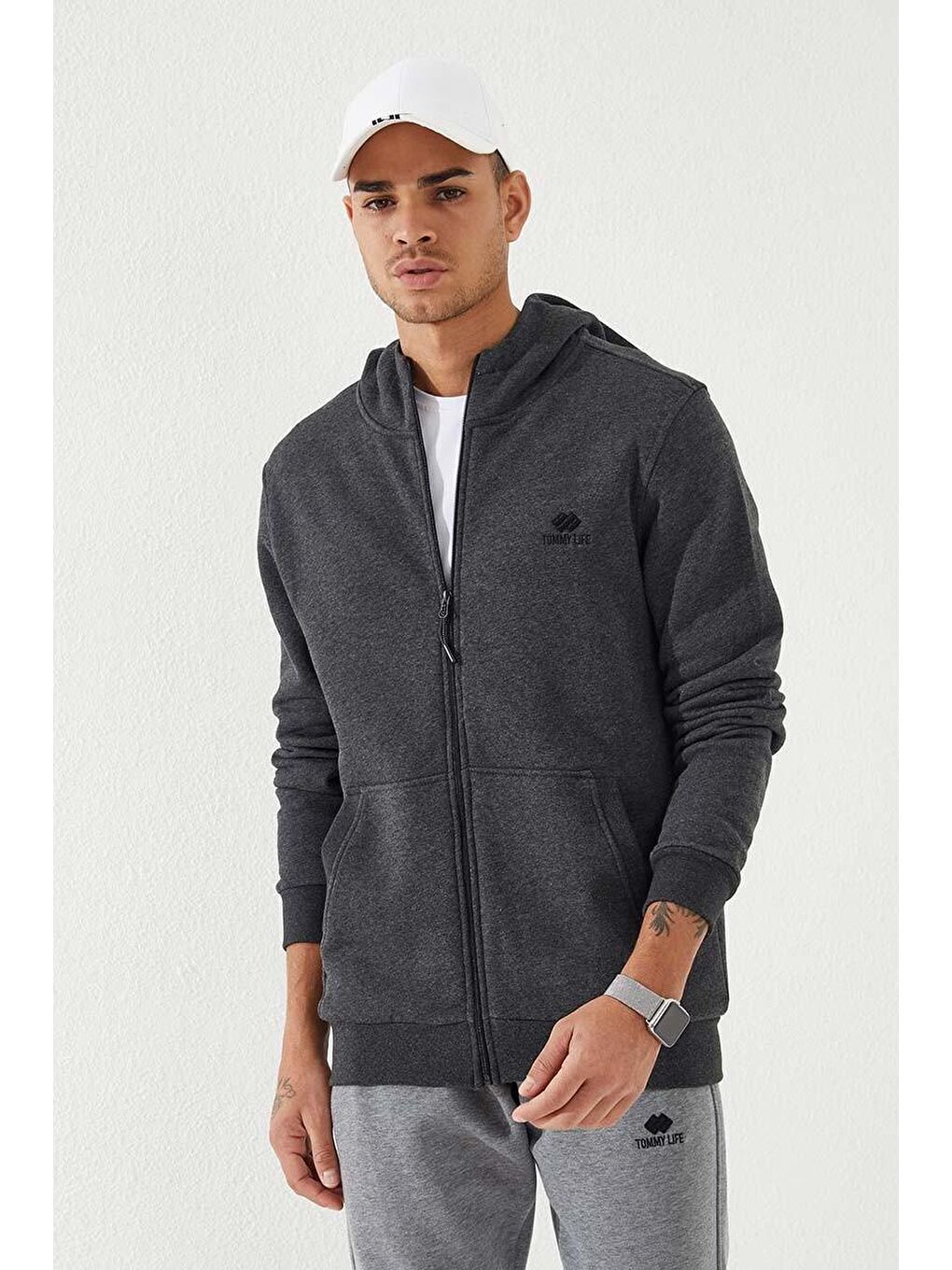 Antrasit Melanj  Standart Kalıp Kapüşonlu Erkek Fermuarlı Sweatshirt Hırka - 87877