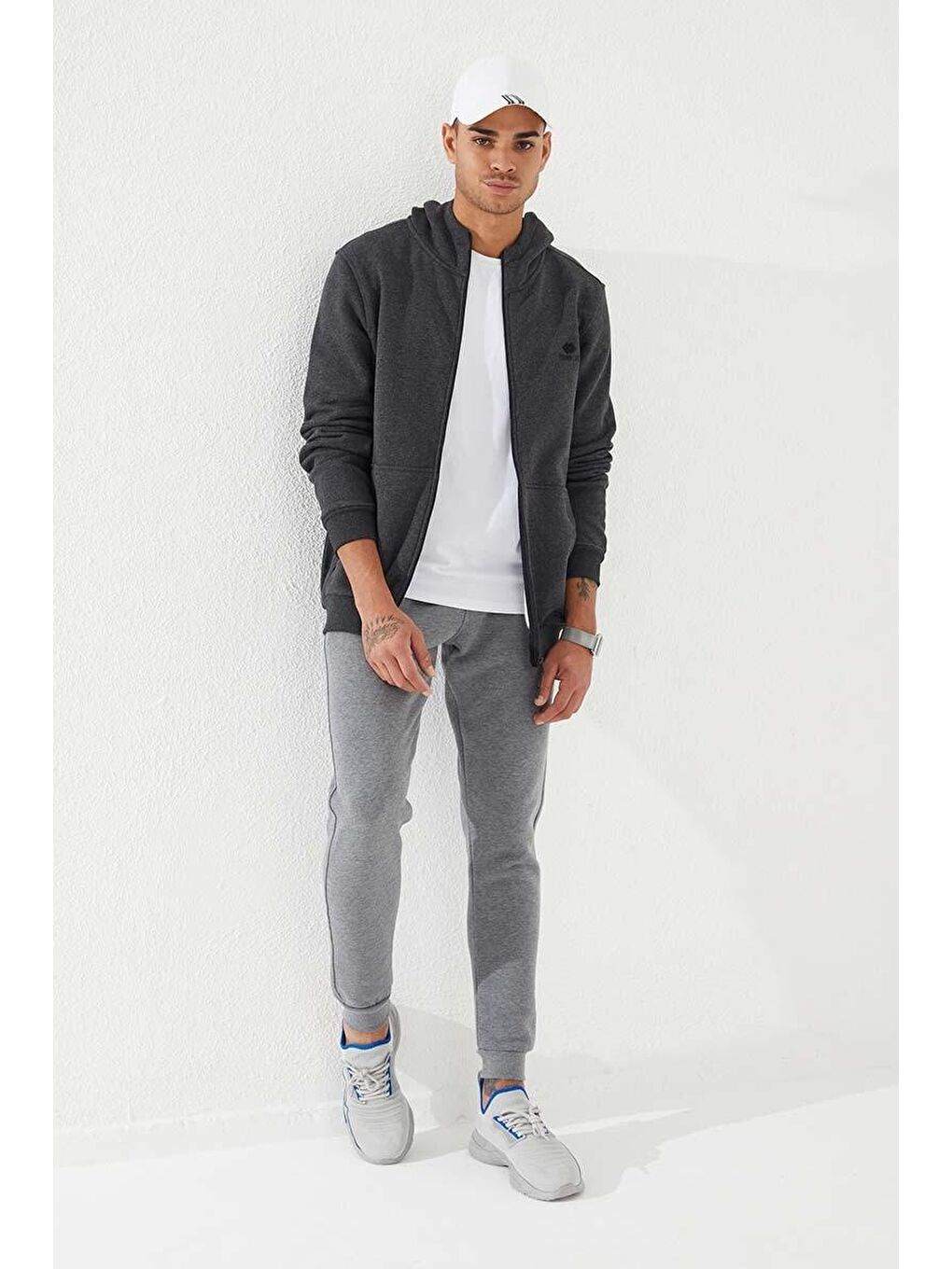 Antrasit Melanj  Standart Kalıp Kapüşonlu Erkek Fermuarlı Sweatshirt Hırka - 87877-1