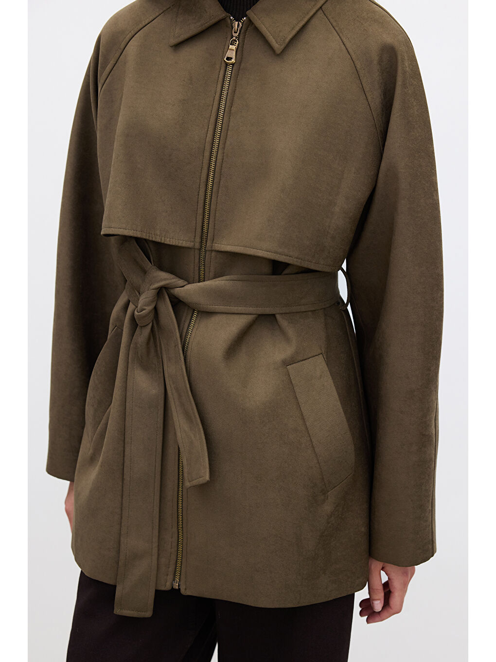 Süet Trench Tarz Ceket Haki-4