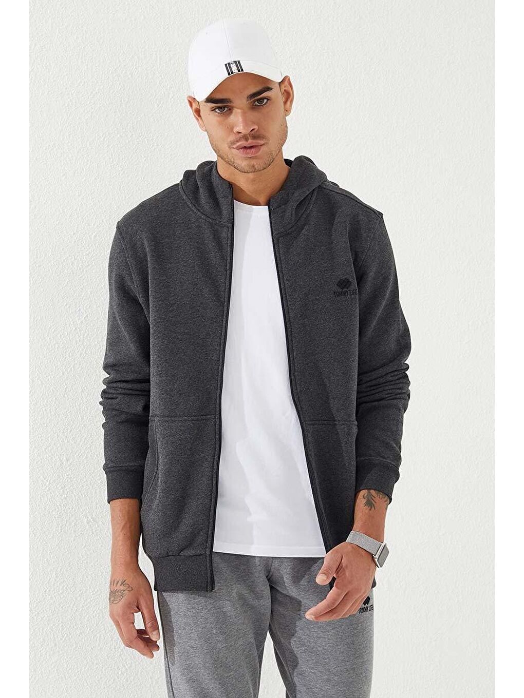 Antrasit Melanj  Standart Kalıp Kapüşonlu Erkek Fermuarlı Sweatshirt Hırka - 87877-2