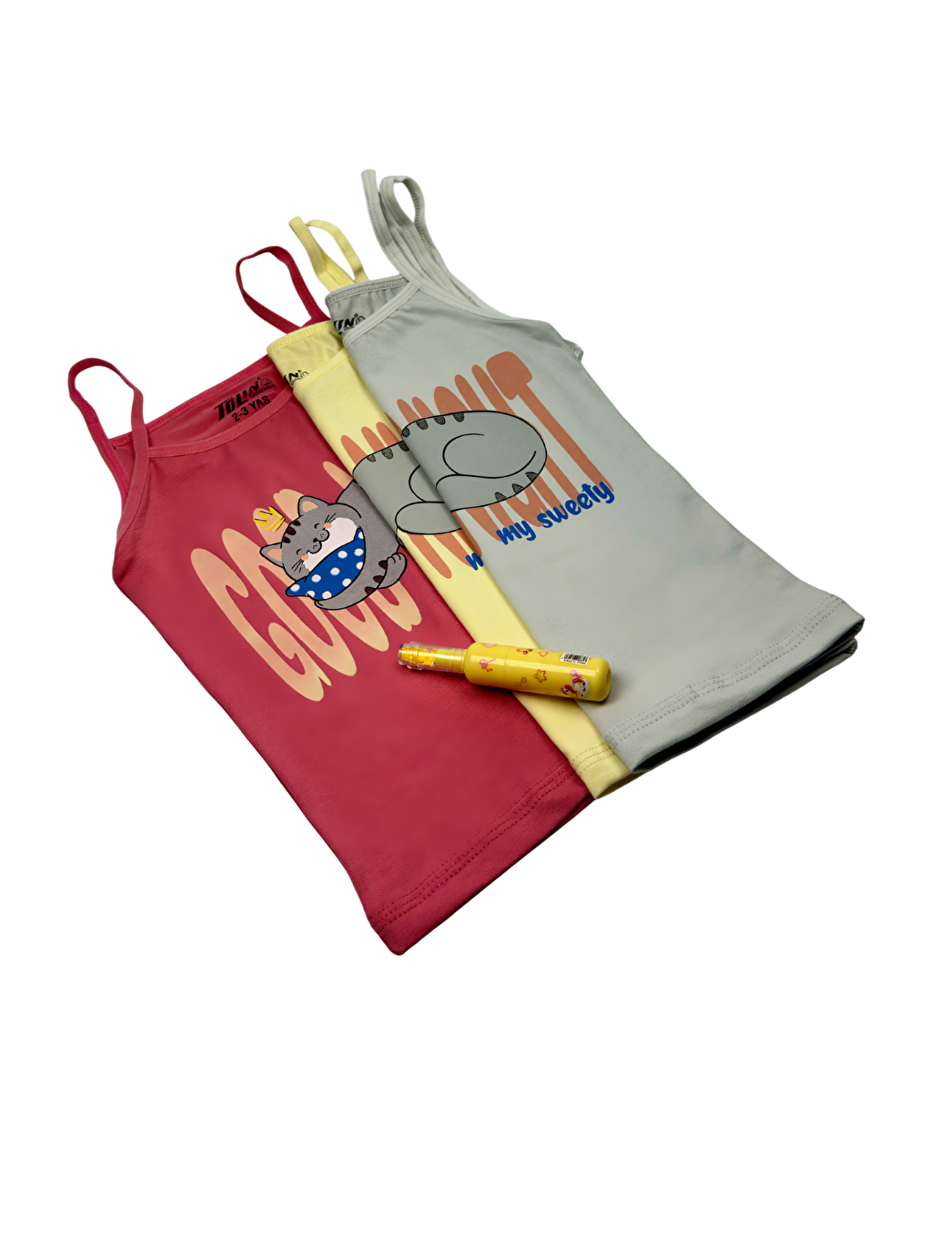 Sarı Kız Çocuk 3 lü Paket İnce Askılı Pamuklu Elastanlı Baskılı Atlet 1425-4