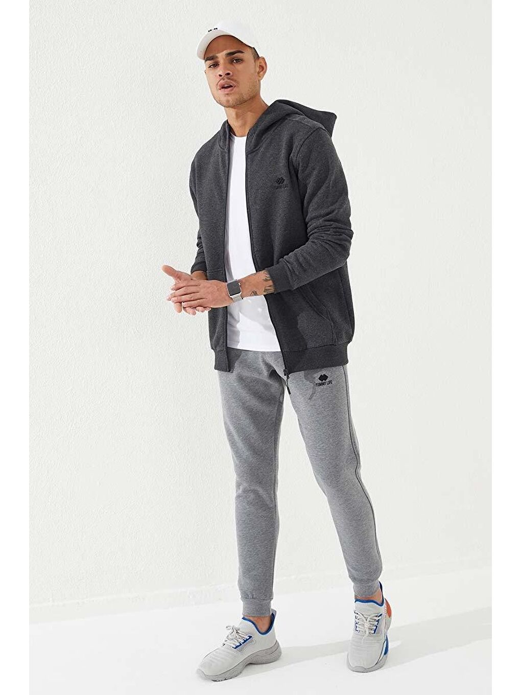 Antrasit Melanj  Standart Kalıp Kapüşonlu Erkek Fermuarlı Sweatshirt Hırka - 87877-3