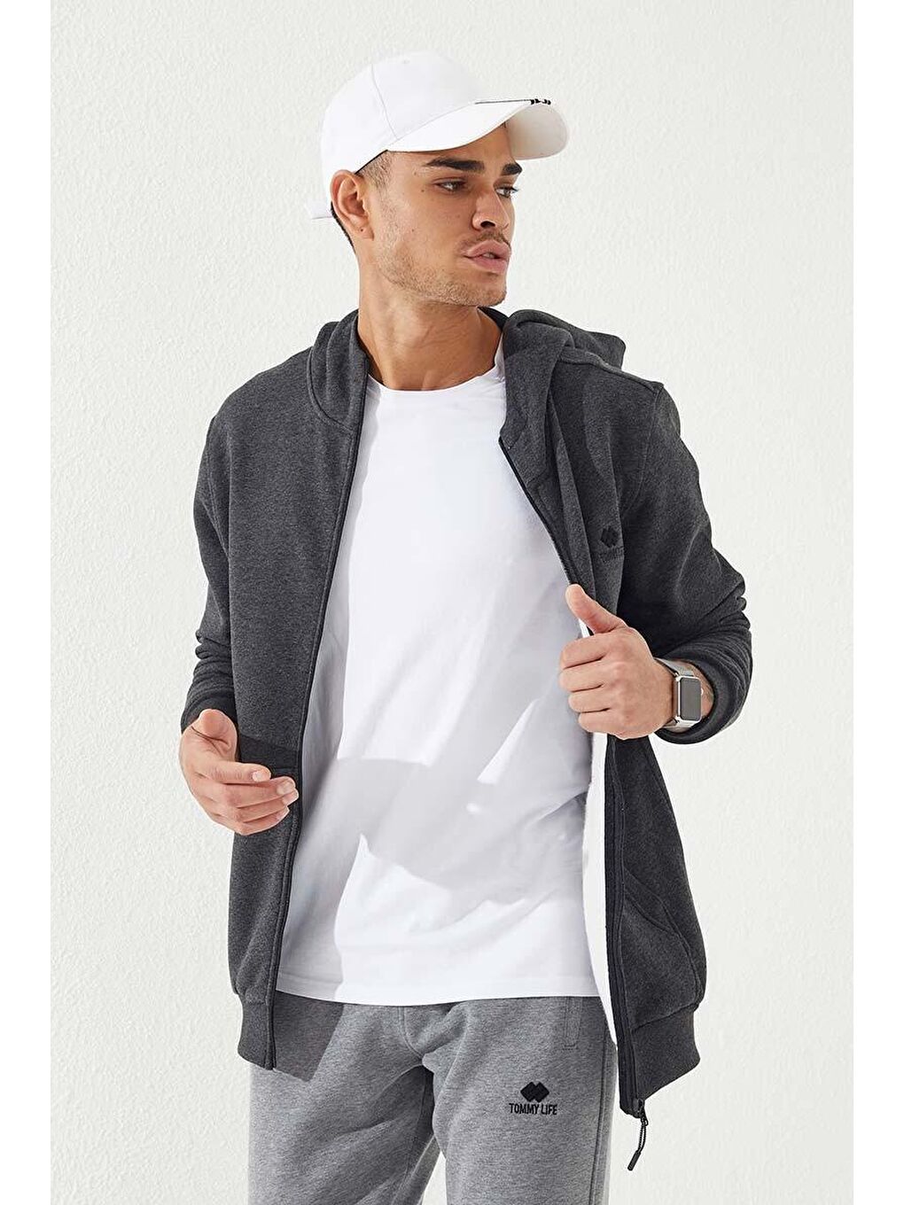 Antrasit Melanj  Standart Kalıp Kapüşonlu Erkek Fermuarlı Sweatshirt Hırka - 87877-4