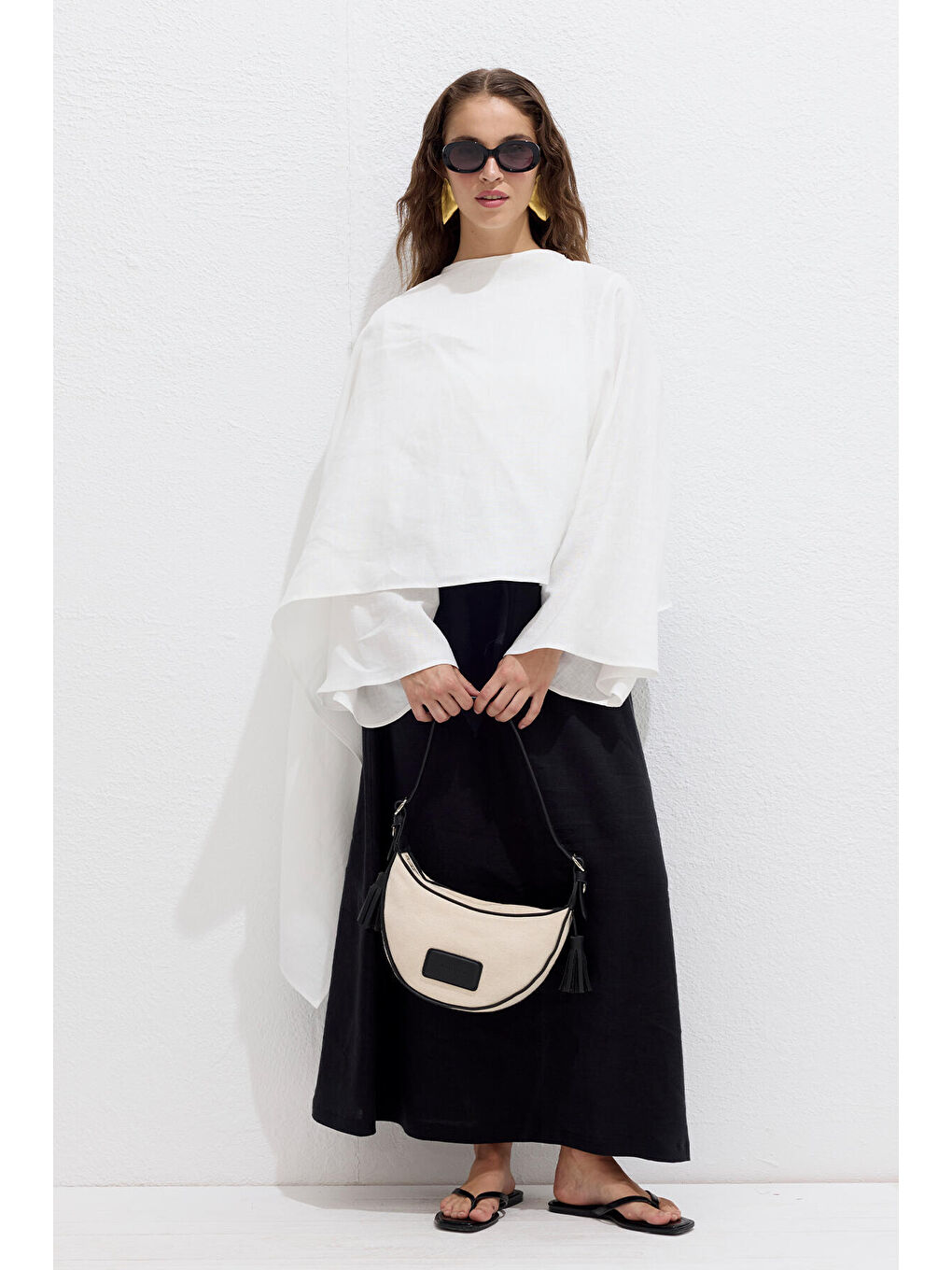 Naturel Kanvas Oval Baget Çanta Siyah-2