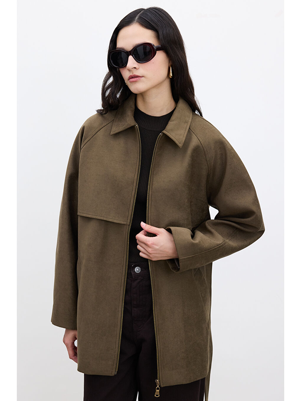 Süet Trench Tarz Ceket Haki-5