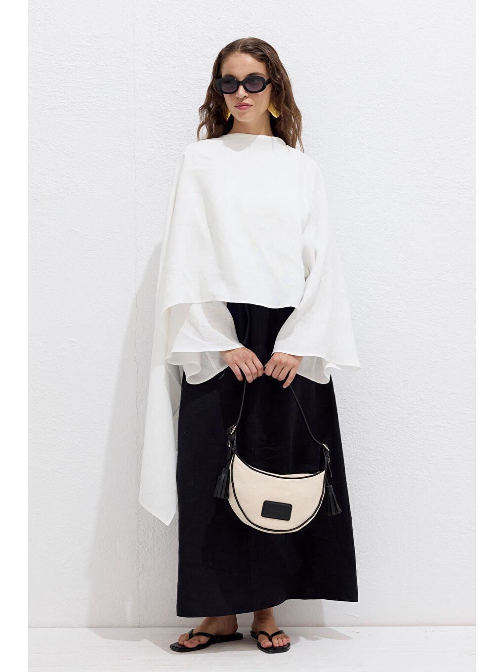 Naturel Kanvas Oval Baget Çanta Siyah-3