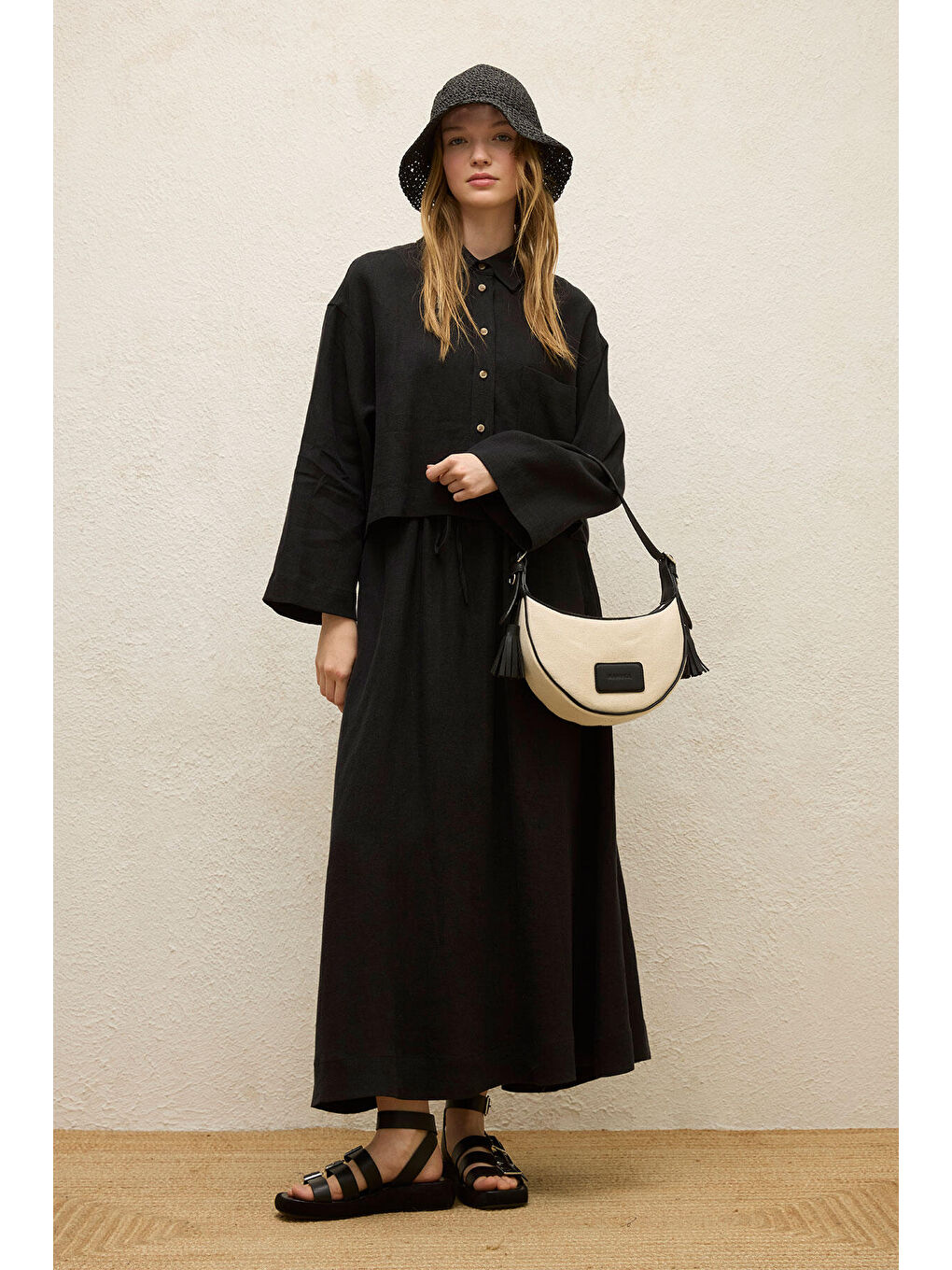 Naturel Kanvas Oval Baget Çanta Siyah-4