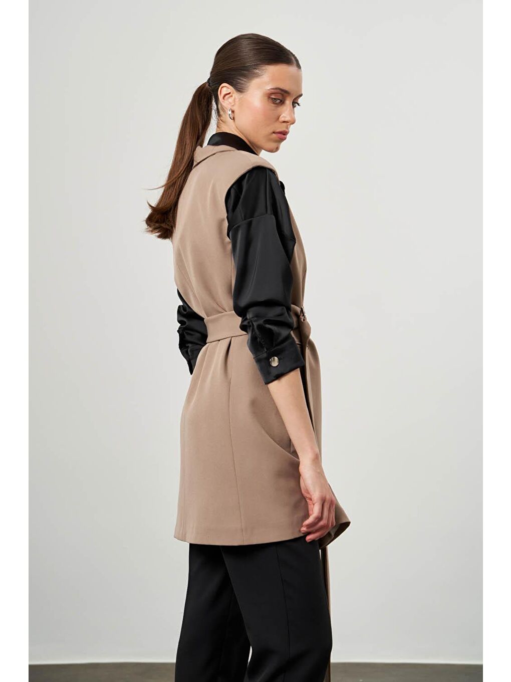 Bej Toka Kemerli Vizon Klasik Yelek-6