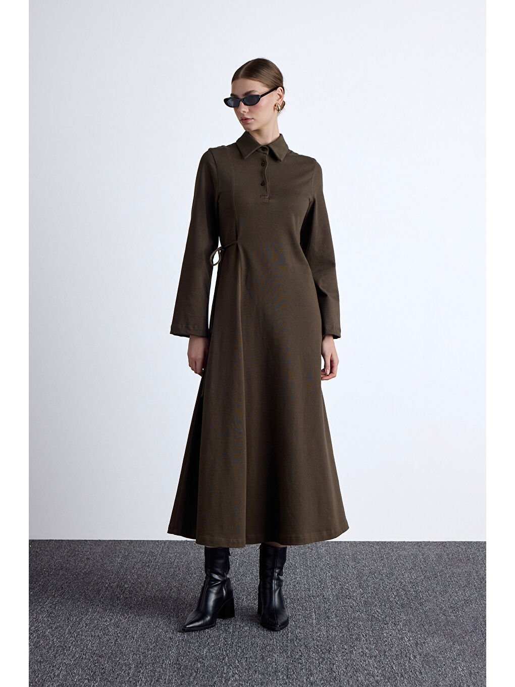 Premıum Örme Yakalı Elbise Haki-1