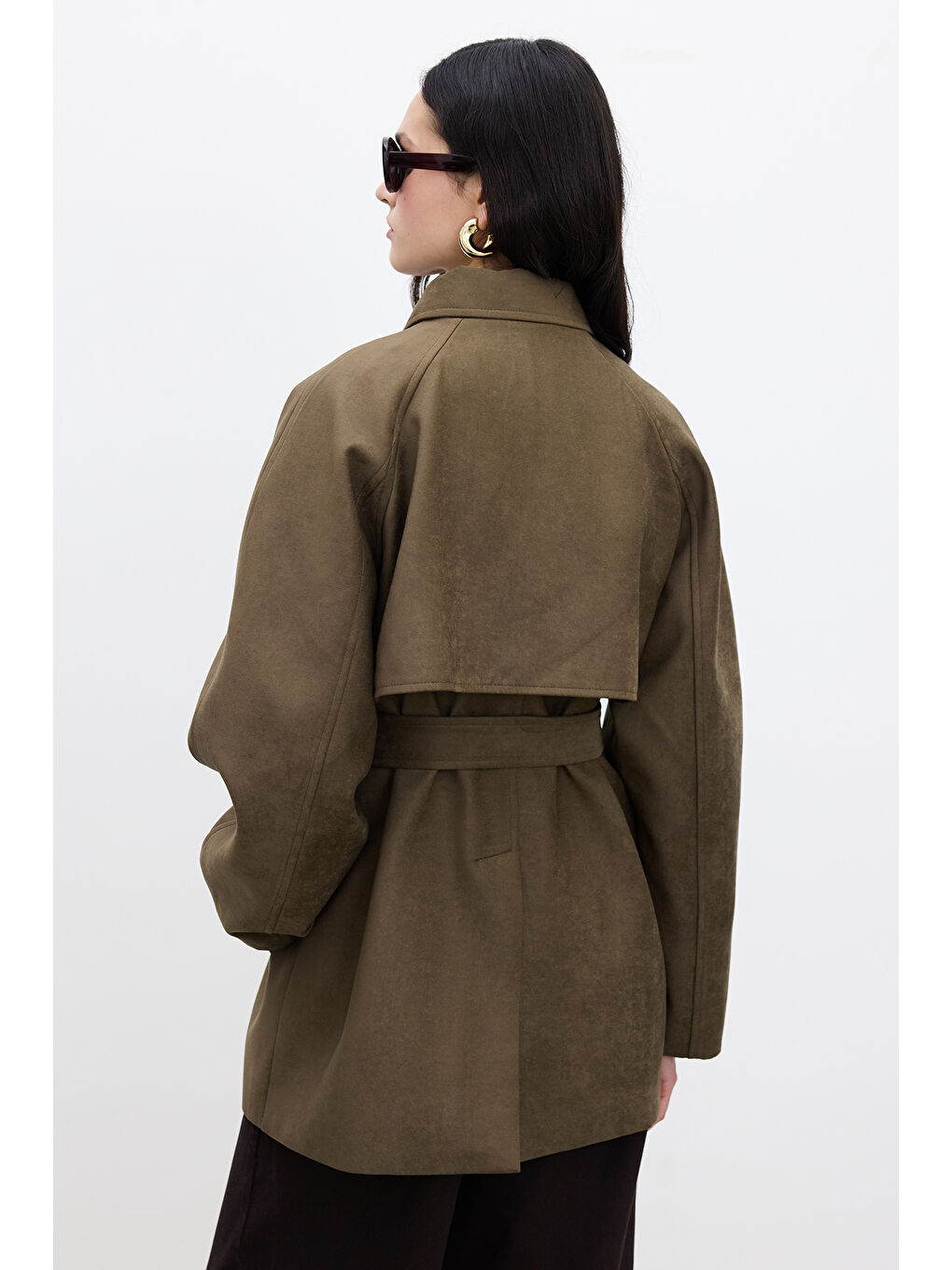 Süet Trench Tarz Ceket Haki-6