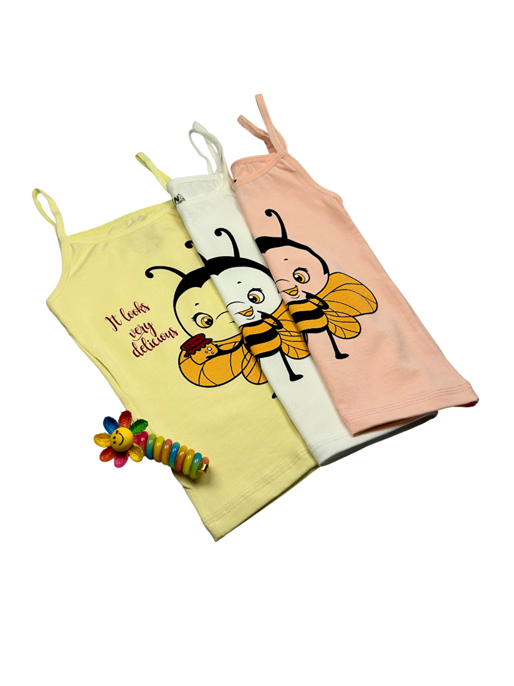 Karışık Kız Çocuk 3 lü Paket İnce Askılı Pamuklu Elastanlı Baskılı Atlet 1425-4