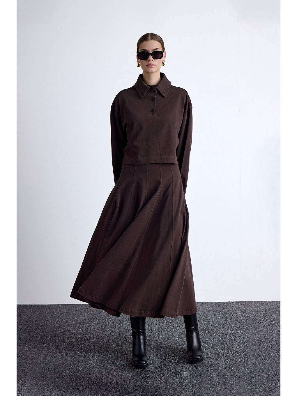 Premıum Örme Volanlı Etek Kahverengi