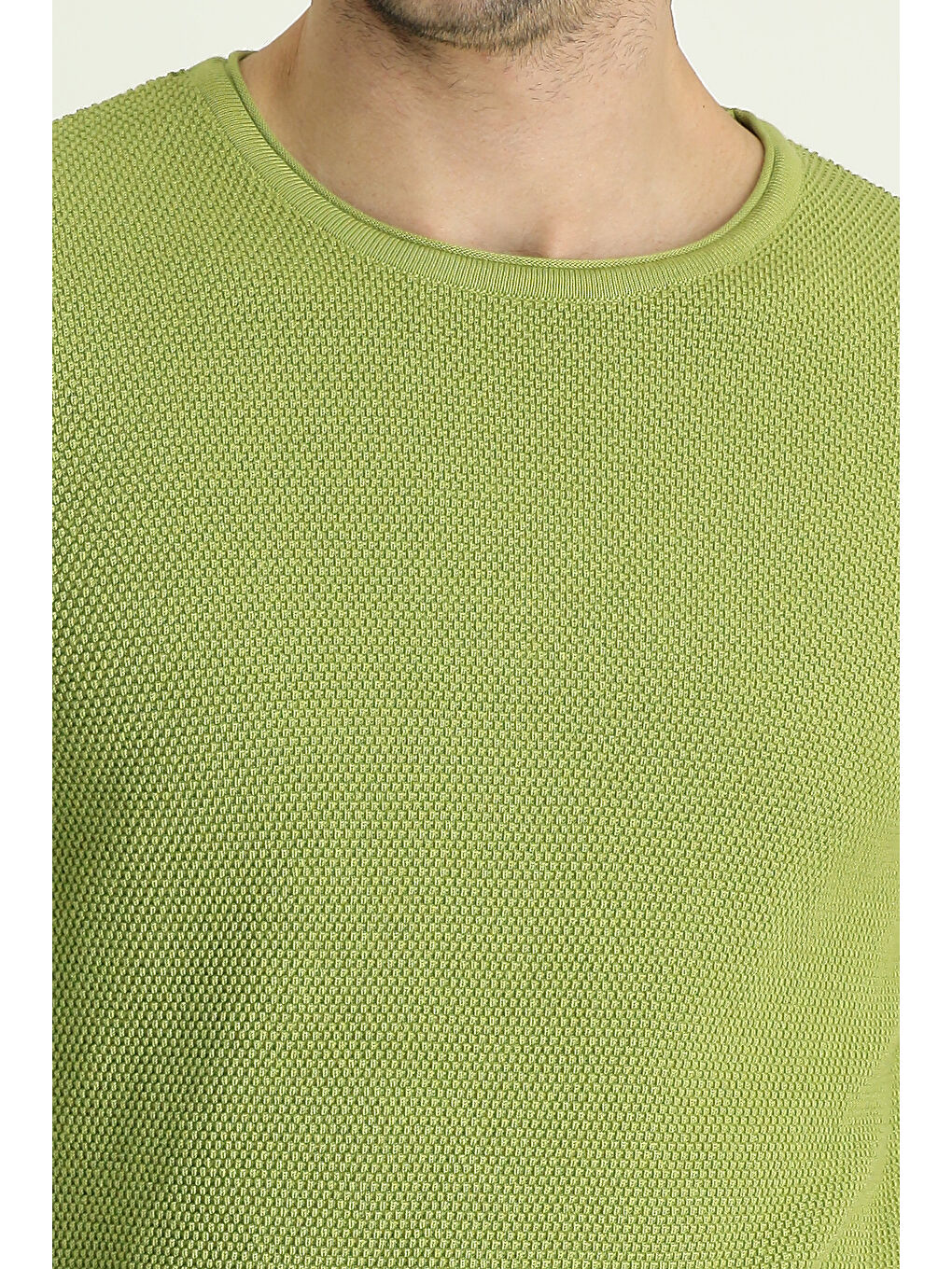 Yeşil Bisiklet Yaka Slim Fit Dar Kesim Düz Pamuklu Triko Kazak-3