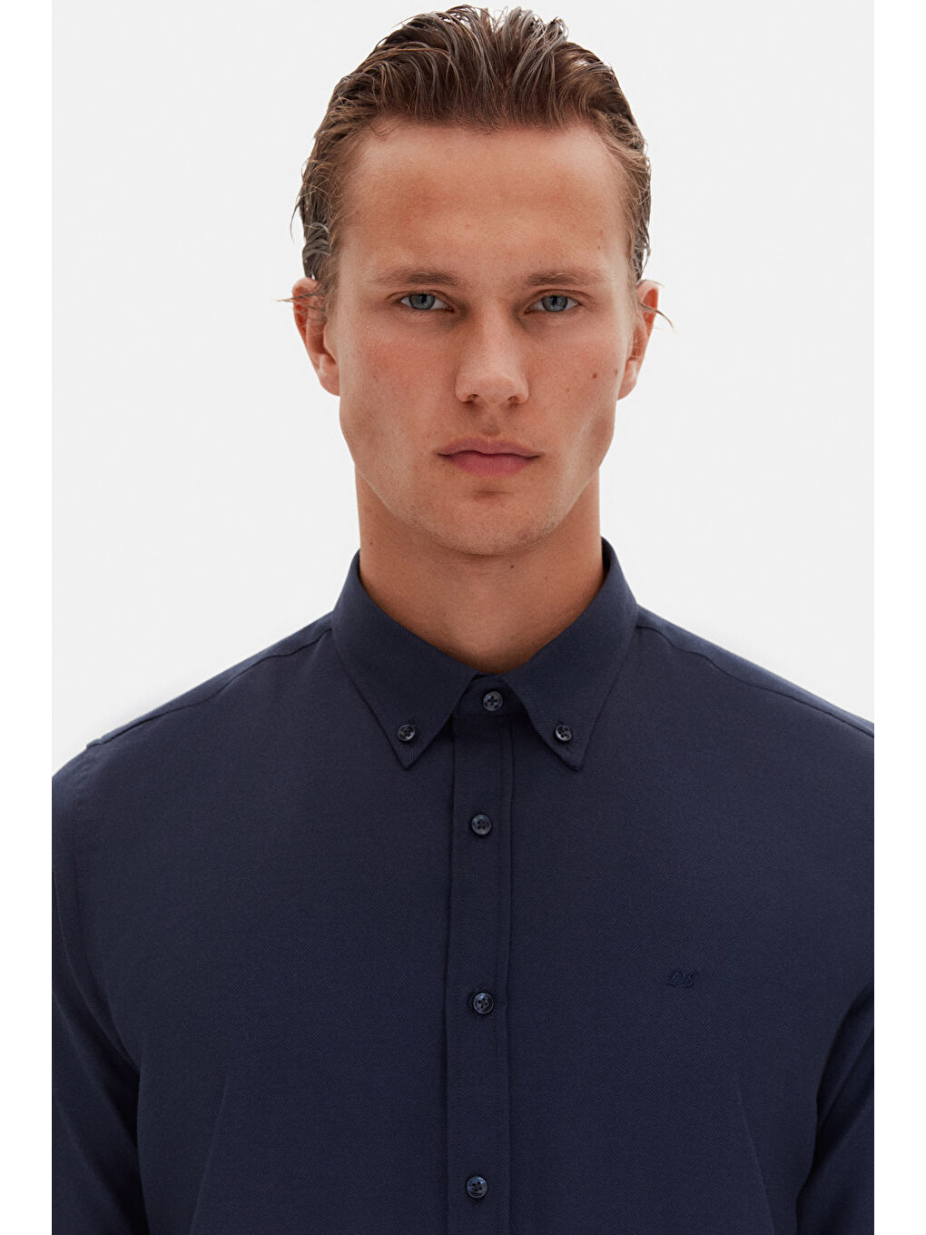 Slim Fit Lacivert Oxford Düğmeli Yaka Kolay Ütülenebilir Nakış Detaylı Pamuklu Gömlek-2