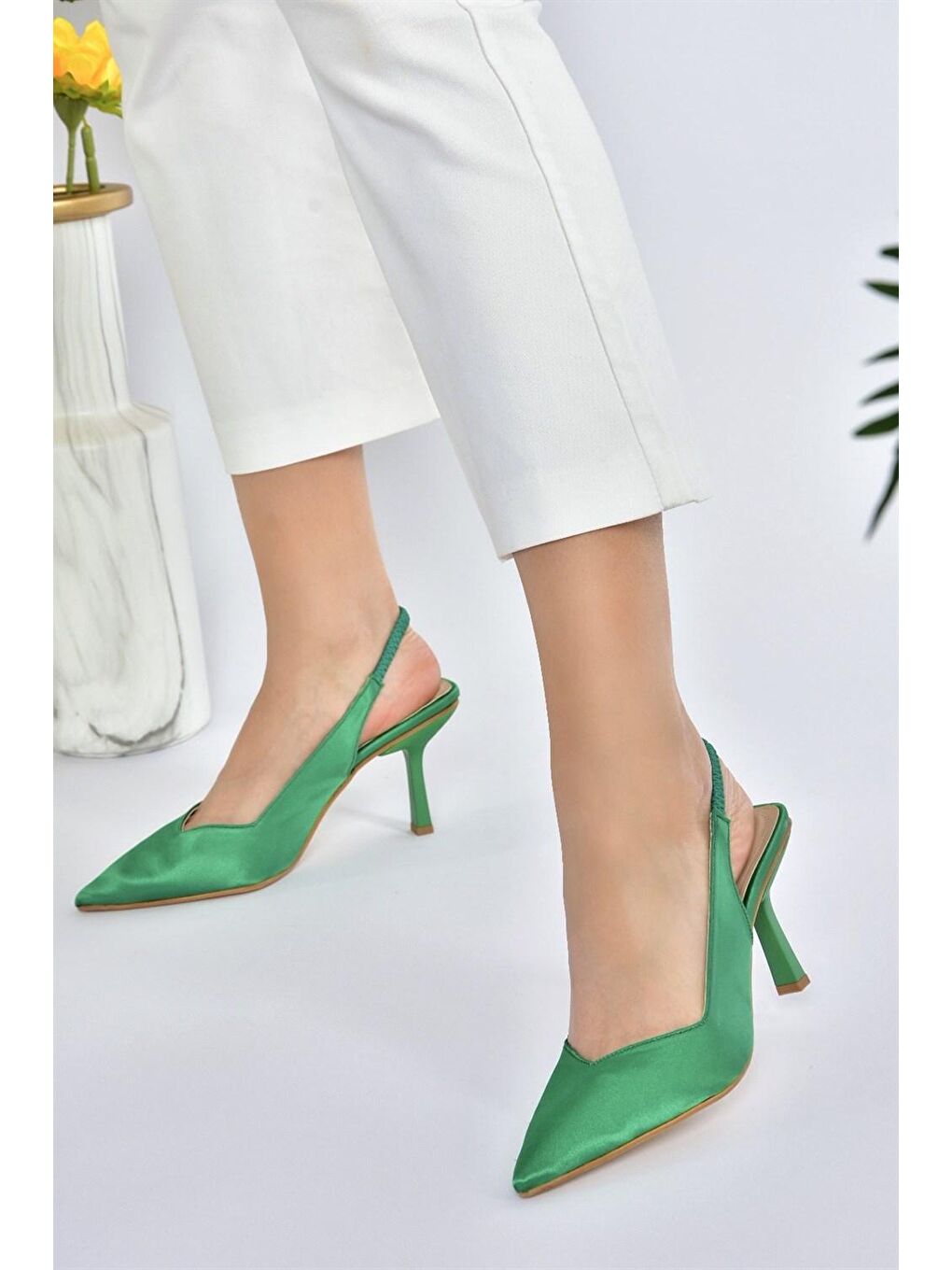 Yeşil Saten Kumaş Kadın Topuklu Ayakkabı M882007004-2