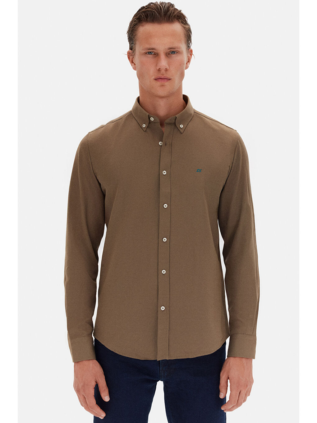 Slim Fit Haki Oxford Düğmeli Yaka Kolay Ütülenebilir Nakış Detaylı Pamuklu Gömlek