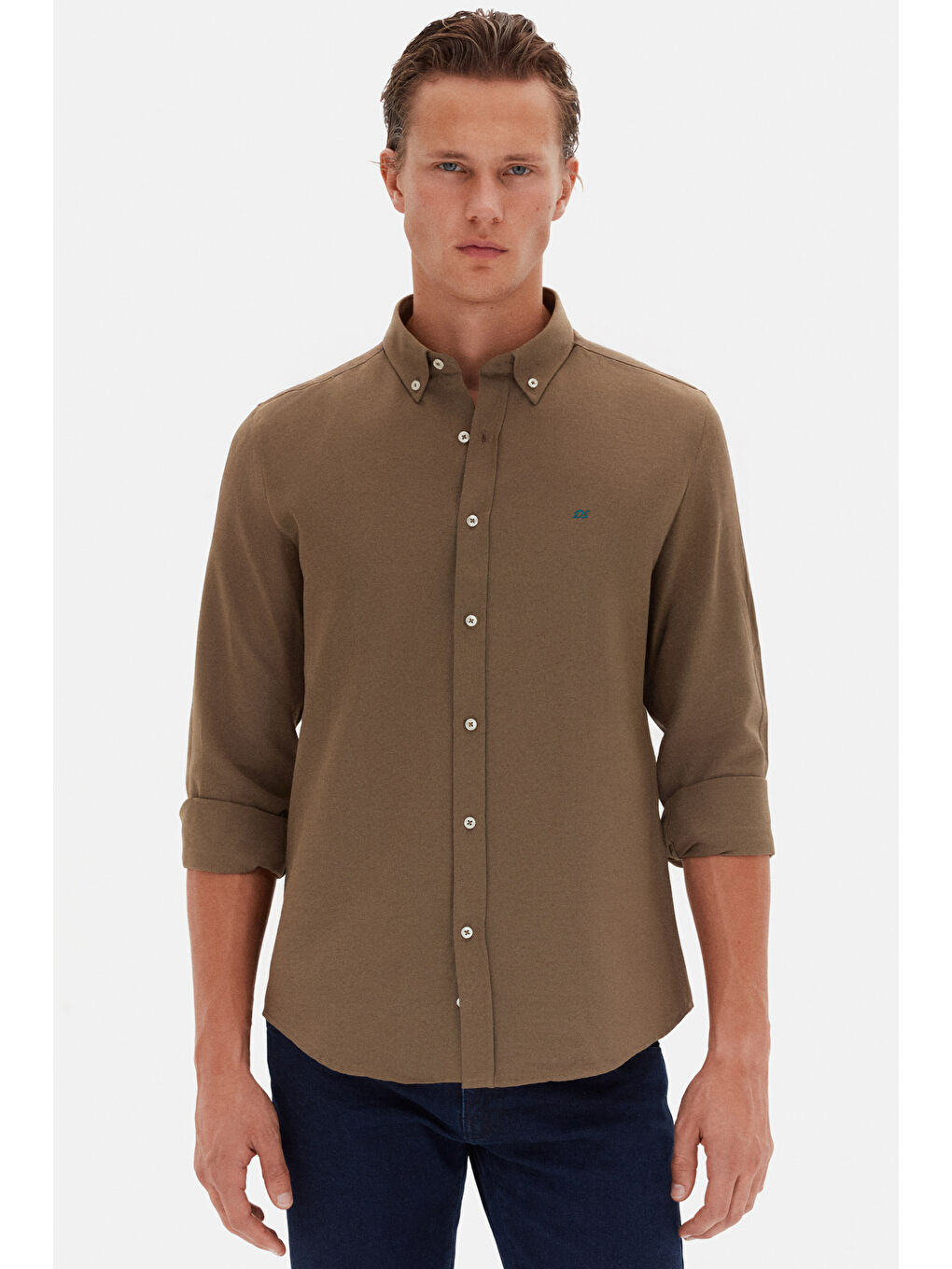 Slim Fit Haki Oxford Düğmeli Yaka Kolay Ütülenebilir Nakış Detaylı Pamuklu Gömlek-1