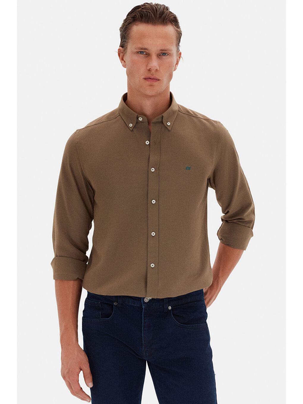 Slim Fit Haki Oxford Düğmeli Yaka Kolay Ütülenebilir Nakış Detaylı Pamuklu Gömlek-3