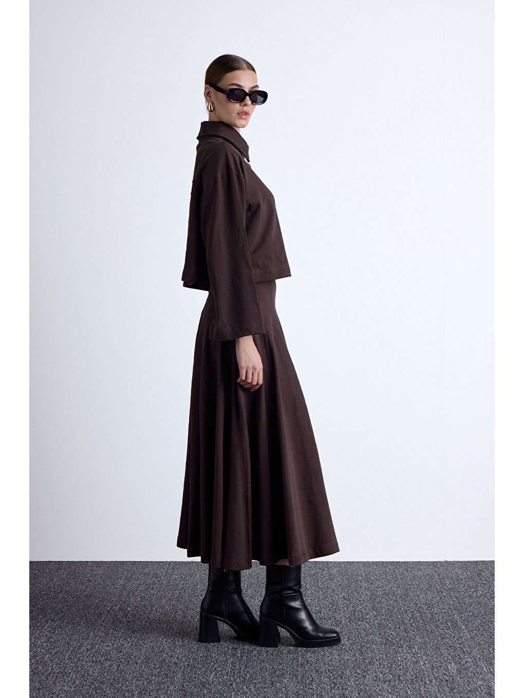 Premıum Örme Volanlı Etek Kahverengi-2