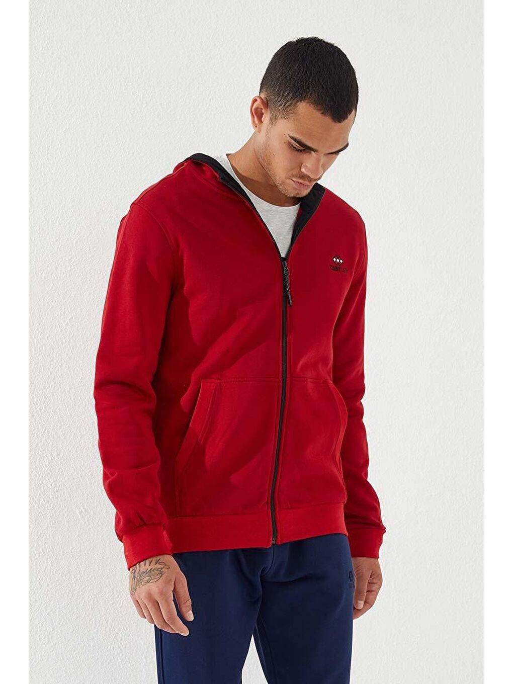 Kırmızı  Standart Kalıp Kapüşonlu Erkek Fermuarlı Sweatshirt Hırka - 87877