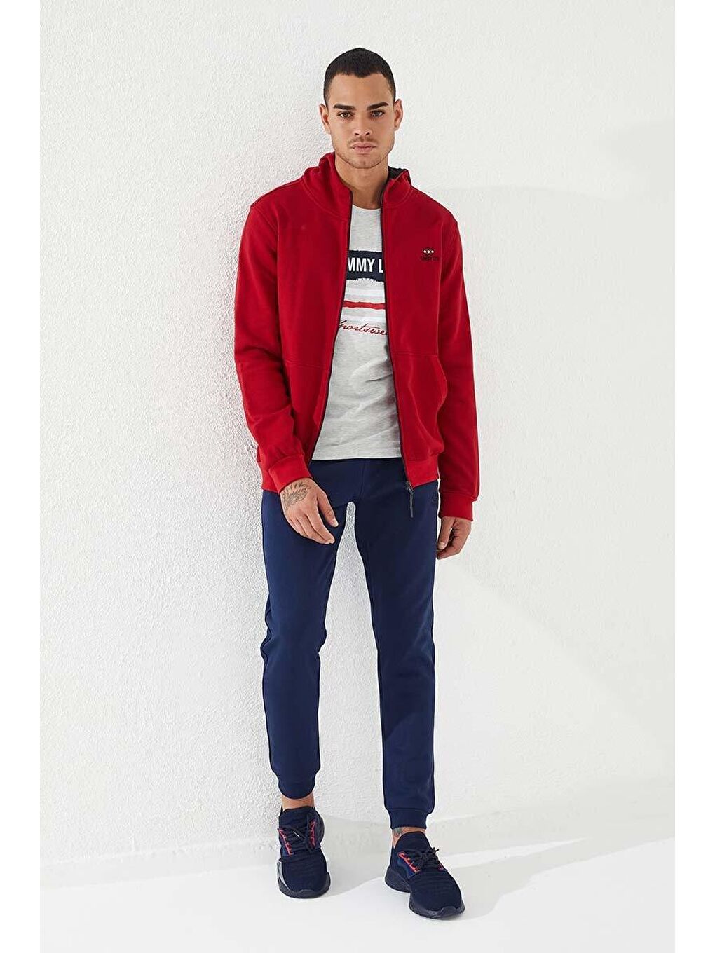 Kırmızı  Standart Kalıp Kapüşonlu Erkek Fermuarlı Sweatshirt Hırka - 87877-1