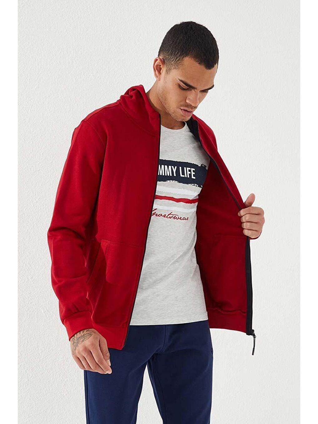 Kırmızı  Standart Kalıp Kapüşonlu Erkek Fermuarlı Sweatshirt Hırka - 87877-2