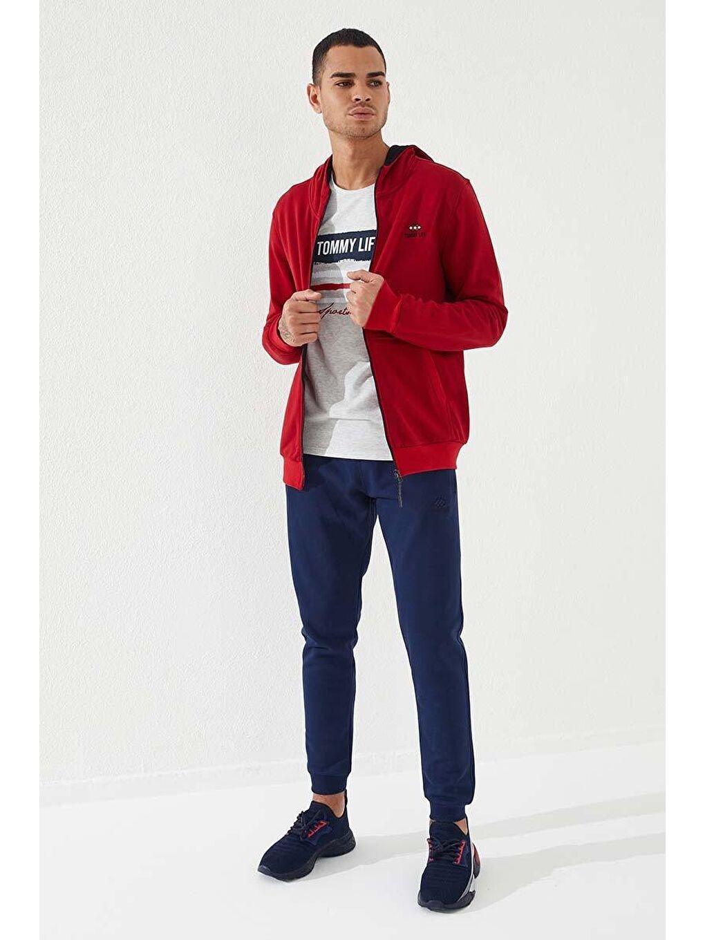 Kırmızı  Standart Kalıp Kapüşonlu Erkek Fermuarlı Sweatshirt Hırka - 87877-3