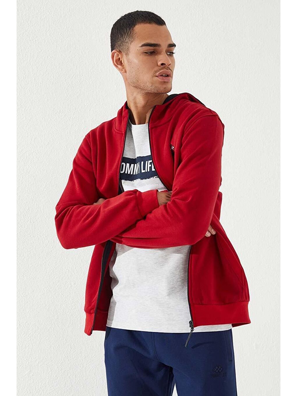 Kırmızı  Standart Kalıp Kapüşonlu Erkek Fermuarlı Sweatshirt Hırka - 87877-4