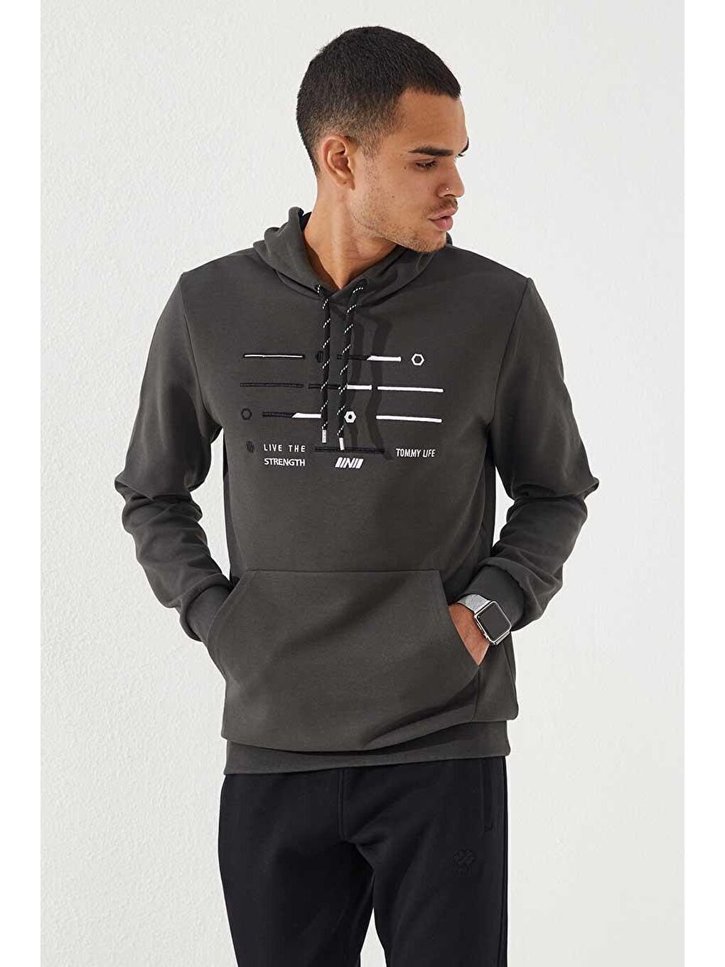 Haki Şerit Nakışlı Standart Kalıp Kapüşonlu Erkek Sweatshirt - 87885