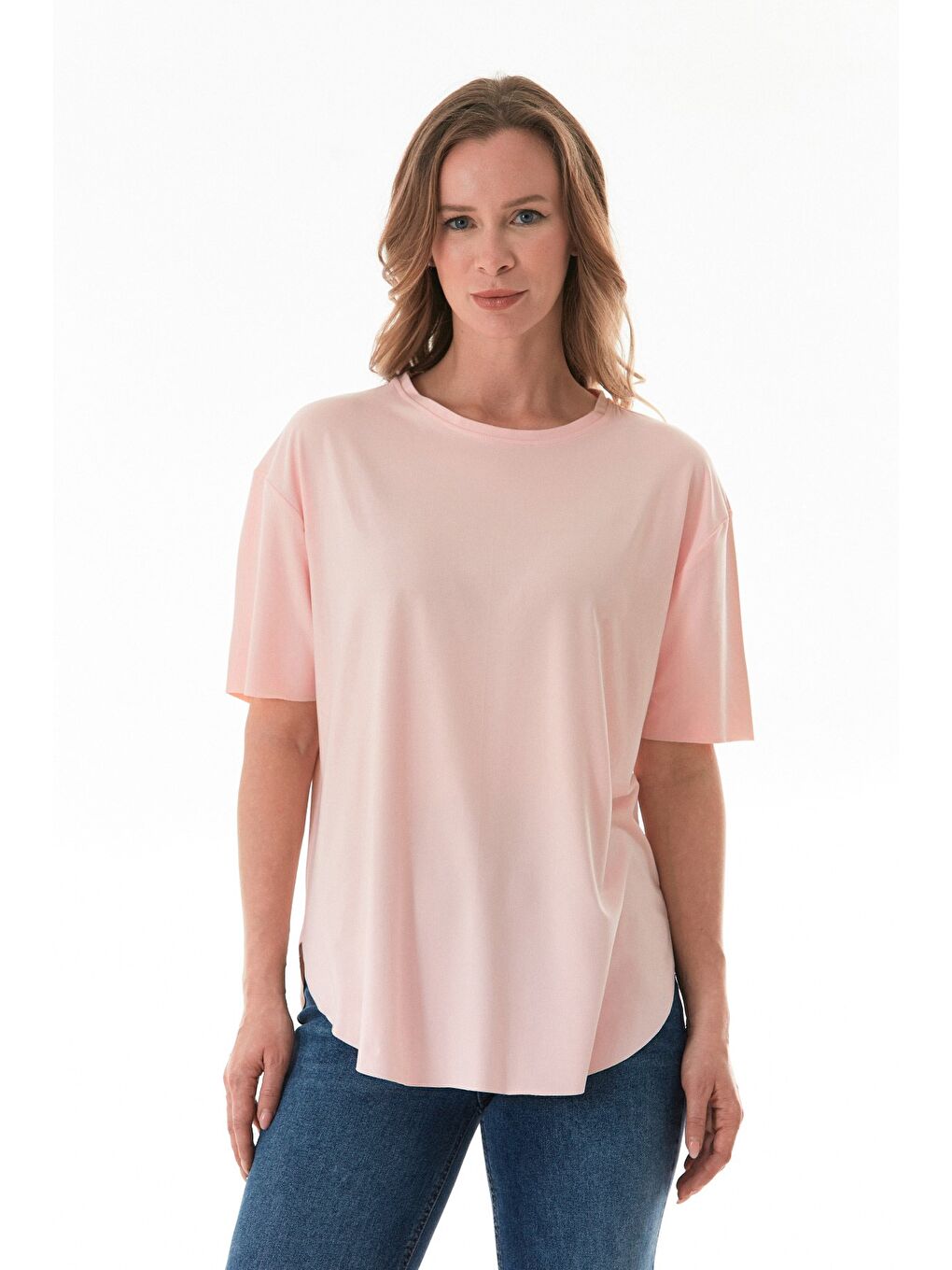 Pembe Basic Bisiklet Yaka Yanları Yırtmaçlı Modal Tişört