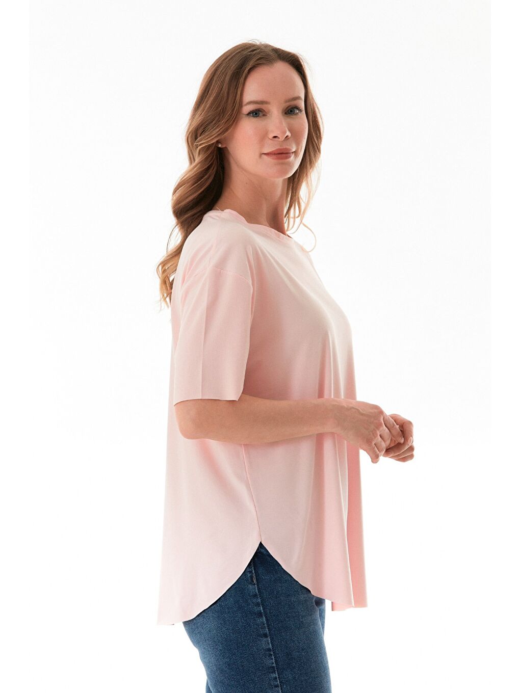 Pembe Basic Bisiklet Yaka Yanları Yırtmaçlı Modal Tişört-3