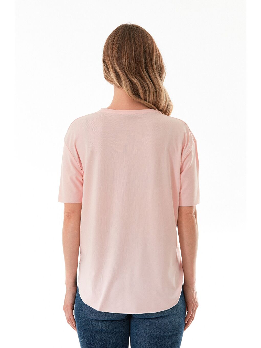 Pembe Basic Bisiklet Yaka Yanları Yırtmaçlı Modal Tişört-4