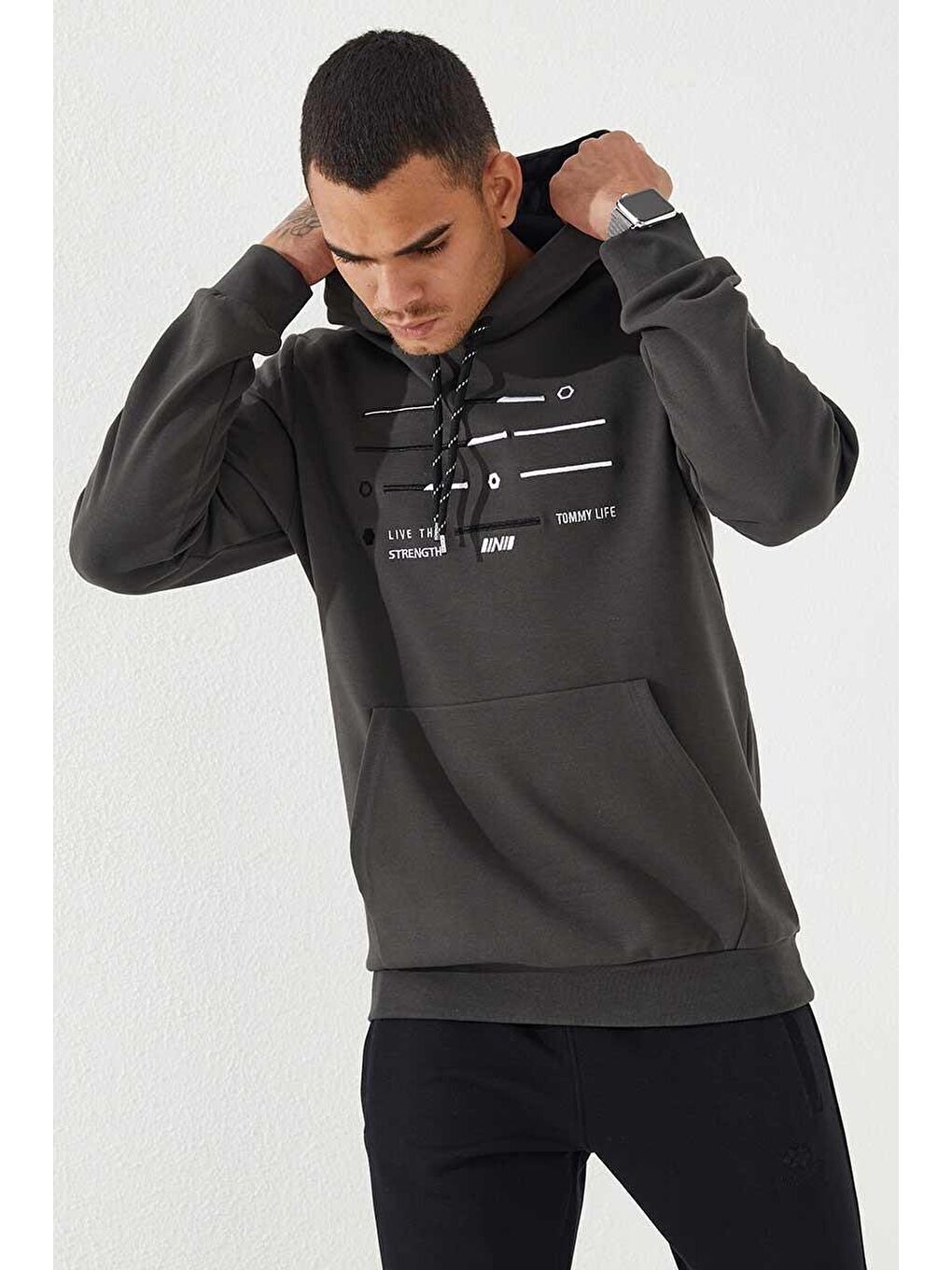 Haki Şerit Nakışlı Standart Kalıp Kapüşonlu Erkek Sweatshirt - 87885-2