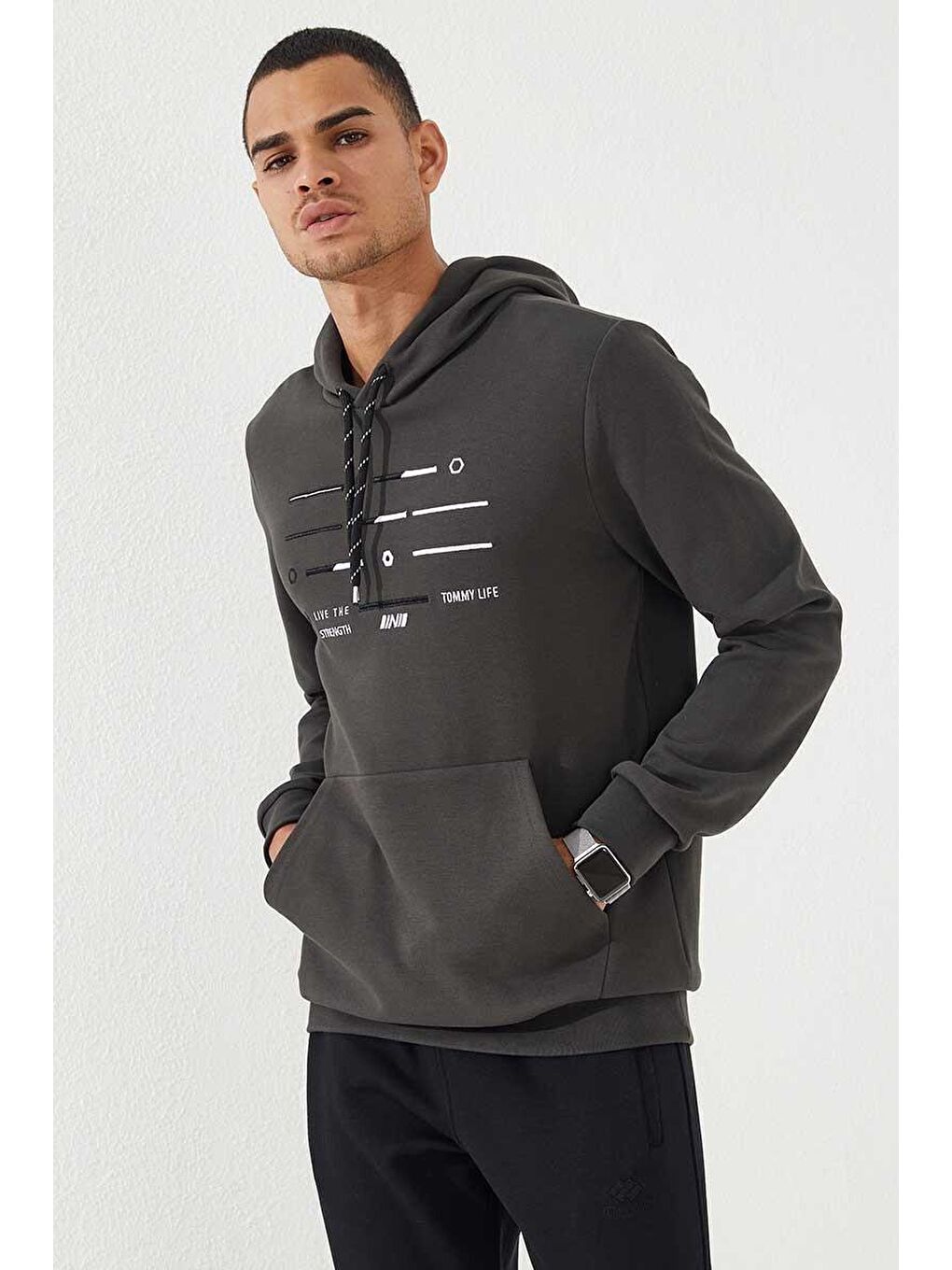 Haki Şerit Nakışlı Standart Kalıp Kapüşonlu Erkek Sweatshirt - 87885-3