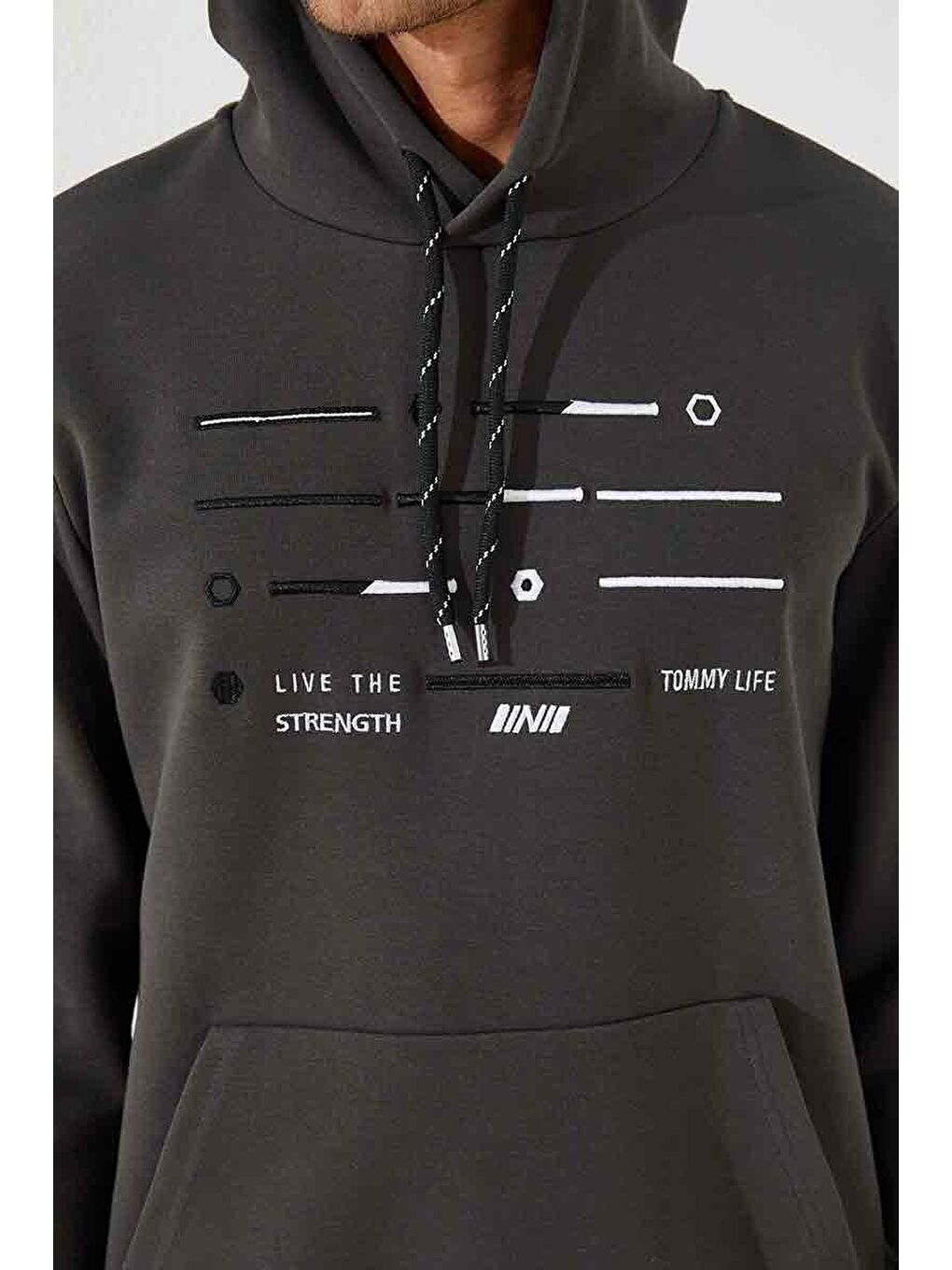 Haki Şerit Nakışlı Standart Kalıp Kapüşonlu Erkek Sweatshirt - 87885-4