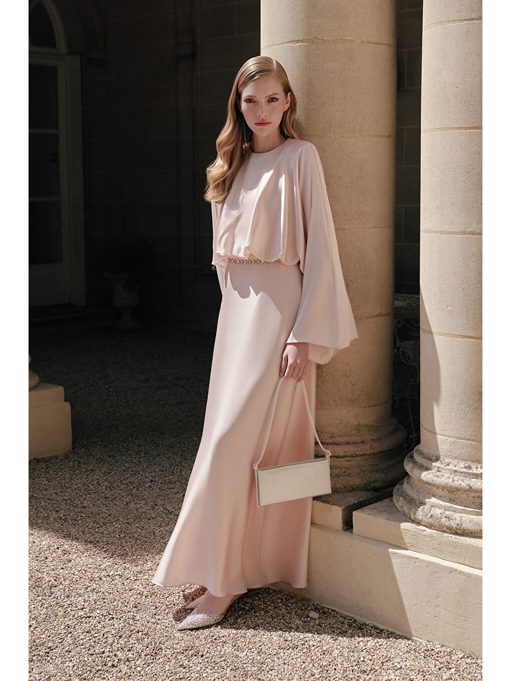 Pembe Adele Saten Abiye Elbise Pudra
